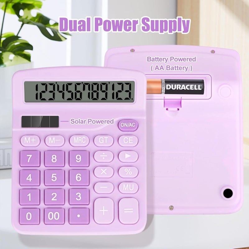 HUTUDD Desktop Calculator, Purple Calculator Big Buttons, 12-Digits Large LCD Display, Solar and AA Battery Dual Power, Desk Calculators for Office Home School Business Class (Purple) - Image 2